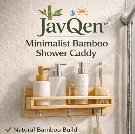 JavQen™ Minimalist Bamboo Shower Caddy – Wall Mounted Eco Bathroom Organizer Shelf