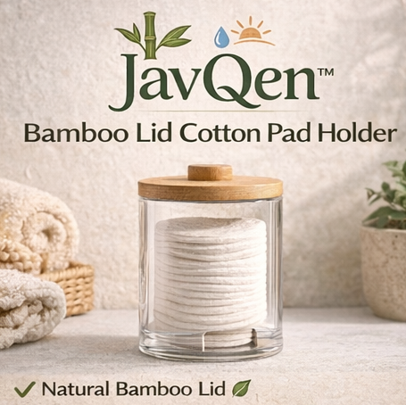 JavQen™ Bamboo Lid Cotton Pad Holder – Reusable Makeup Pad Dispenser with Minimalist Clear Body