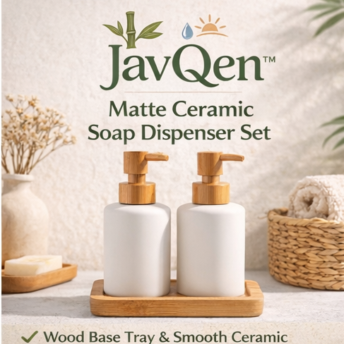 JavQen™ Matte Ceramic Soap Dispenser Set – Eco Pump Bottle with Wooden Base Tray
