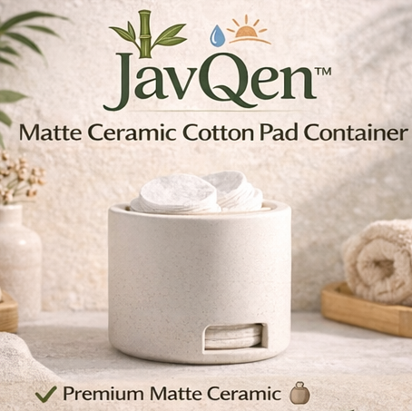 JavQen™ Matte Ceramic Cotton Pad Container – Eco Vanity Organizer with Wide Opening
